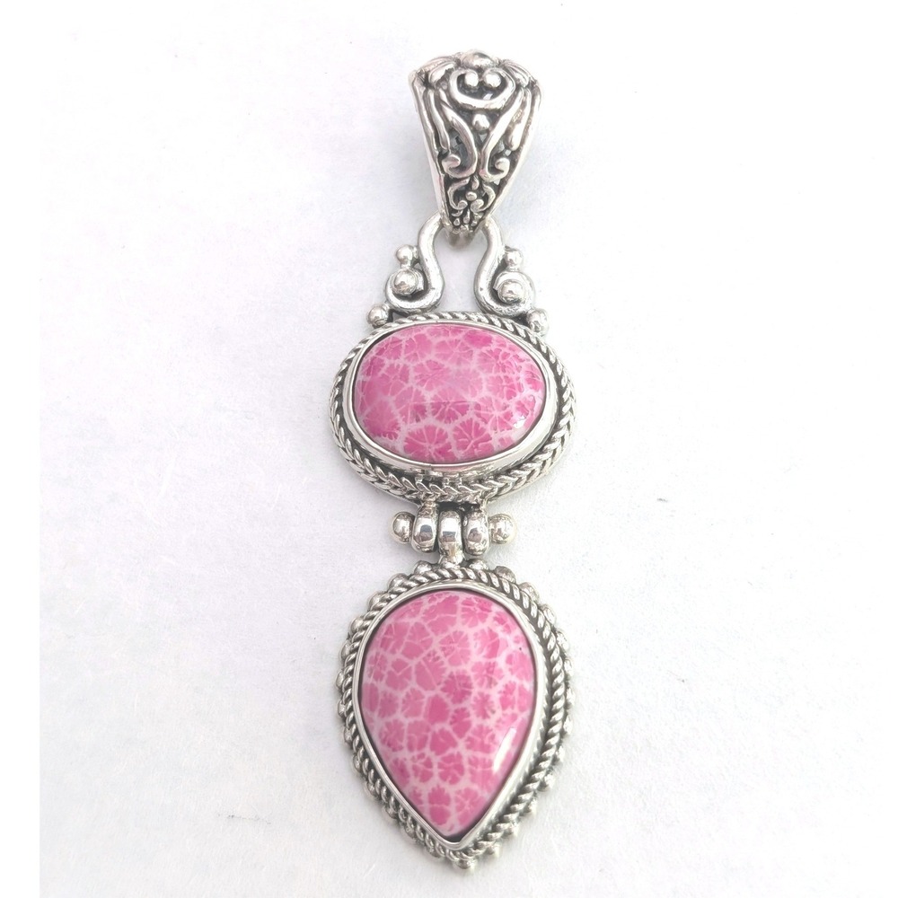 Sarda Sterling Silver 925 Pink Coral‎ Double Drop Filigree Pendant
